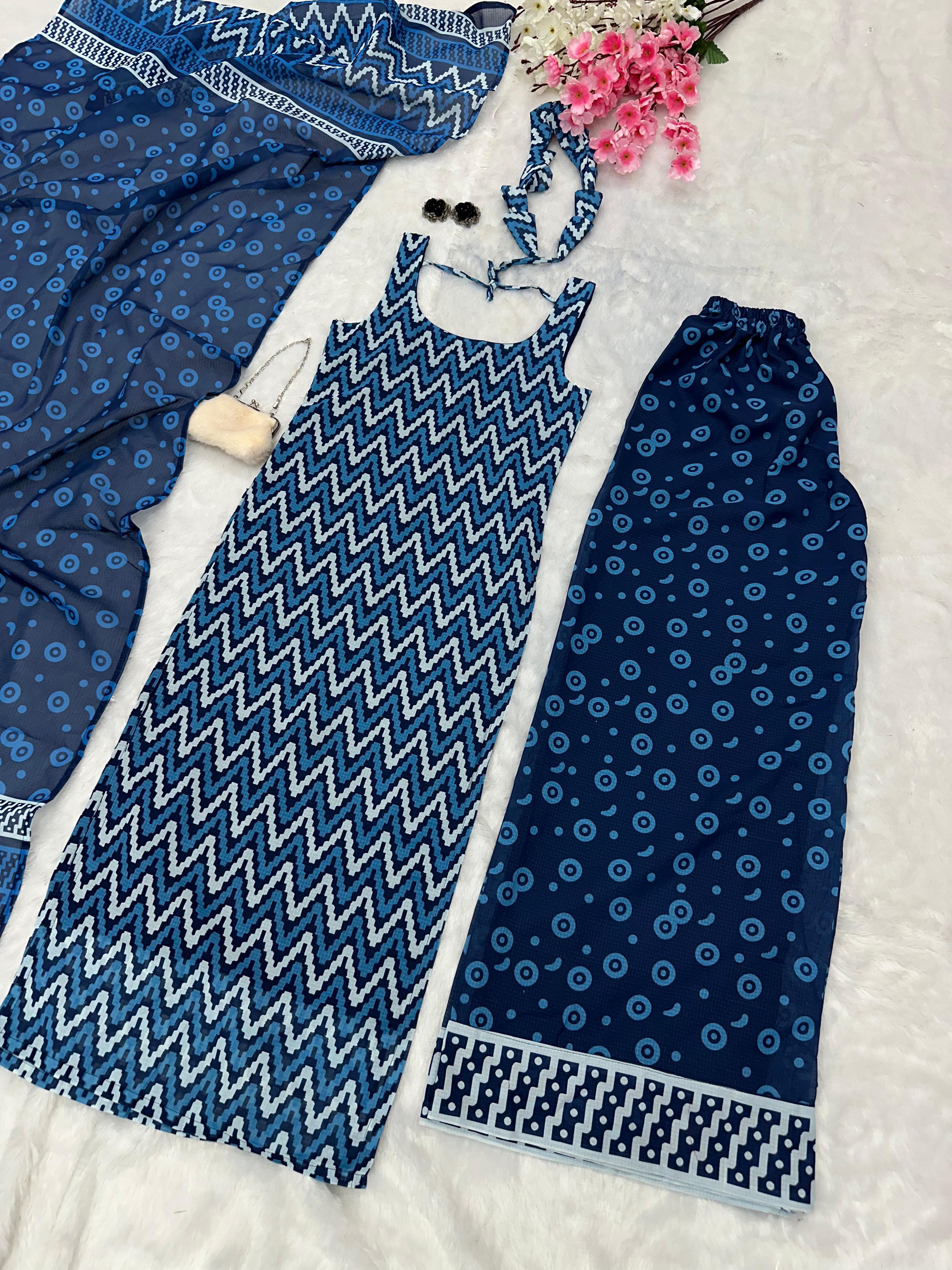 Casual Wear Blue Color Zig Zac Design Pure Soft Cotton Printed Kurti With Palazzo