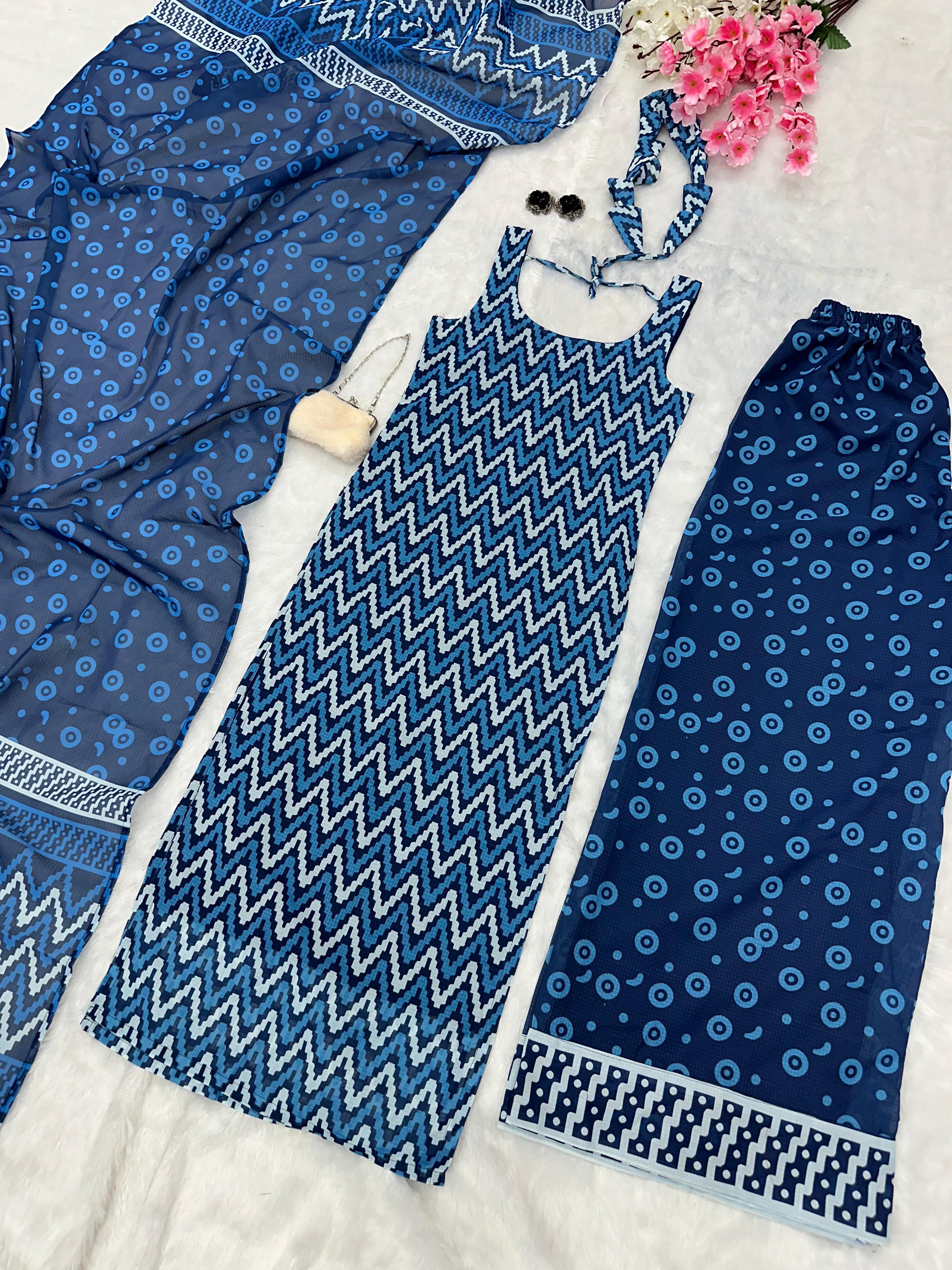 Casual Wear Blue Color Zig Zac Design Pure Soft Cotton Printed Kurti With Palazzo