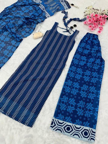Fancy Wear Blue Color Pure Soft Cotton Printed Kurti With Palazzo