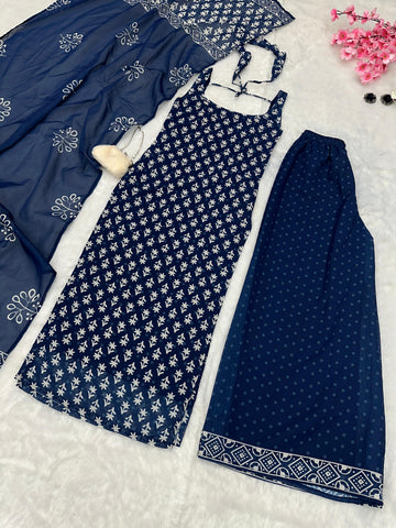 Good Looking Blue Color Pure Soft Cotton Printed Kurti With Palazzo