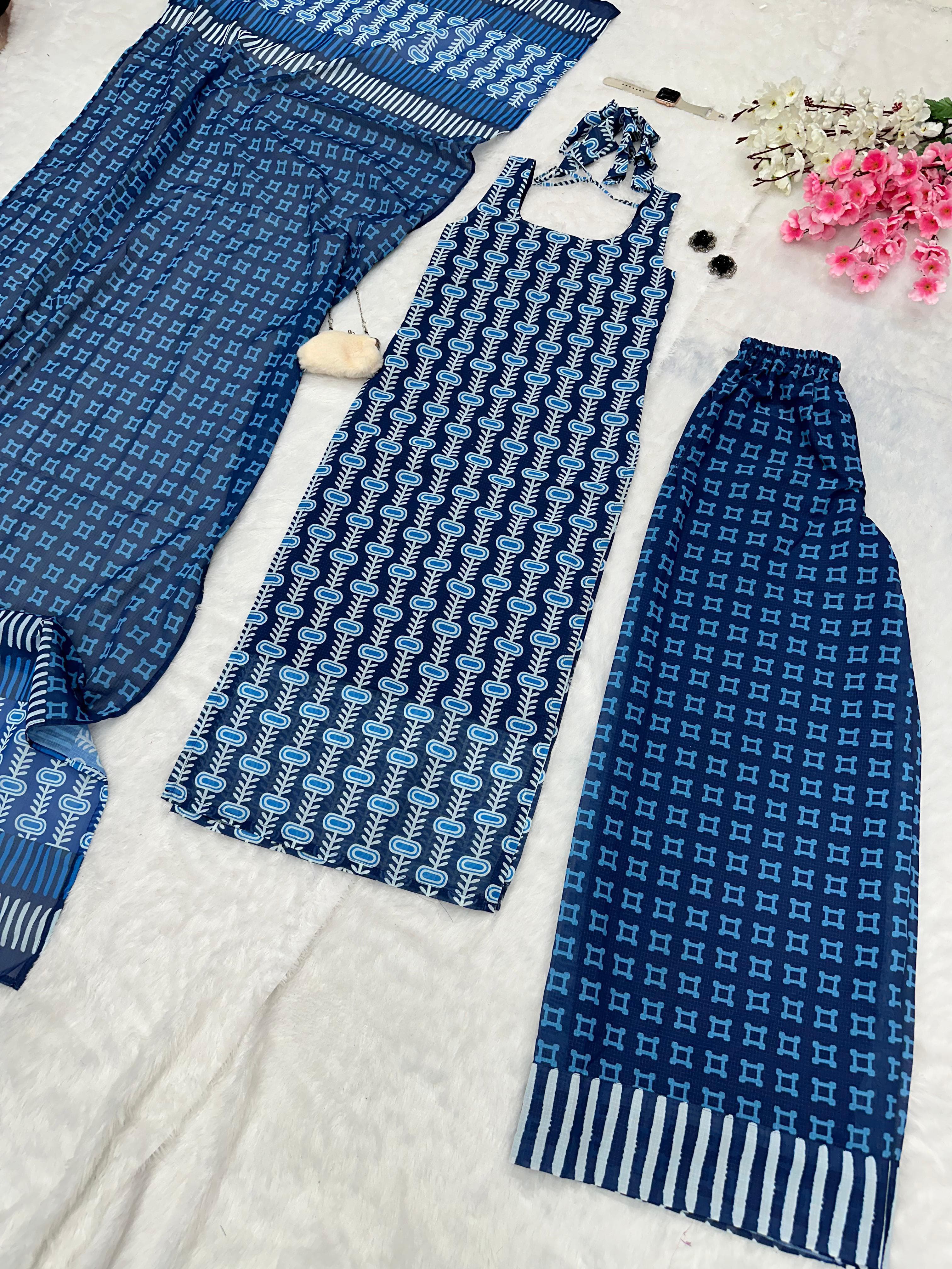 Good Looking Blue Color Pure Soft Cotton Printed Kurti With Palazzo