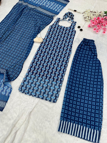 Good Looking Blue Color Pure Soft Cotton Printed Kurti With Palazzo