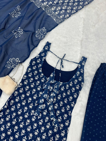 Good Looking Blue Color Pure Soft Cotton Printed Kurti With Palazzo