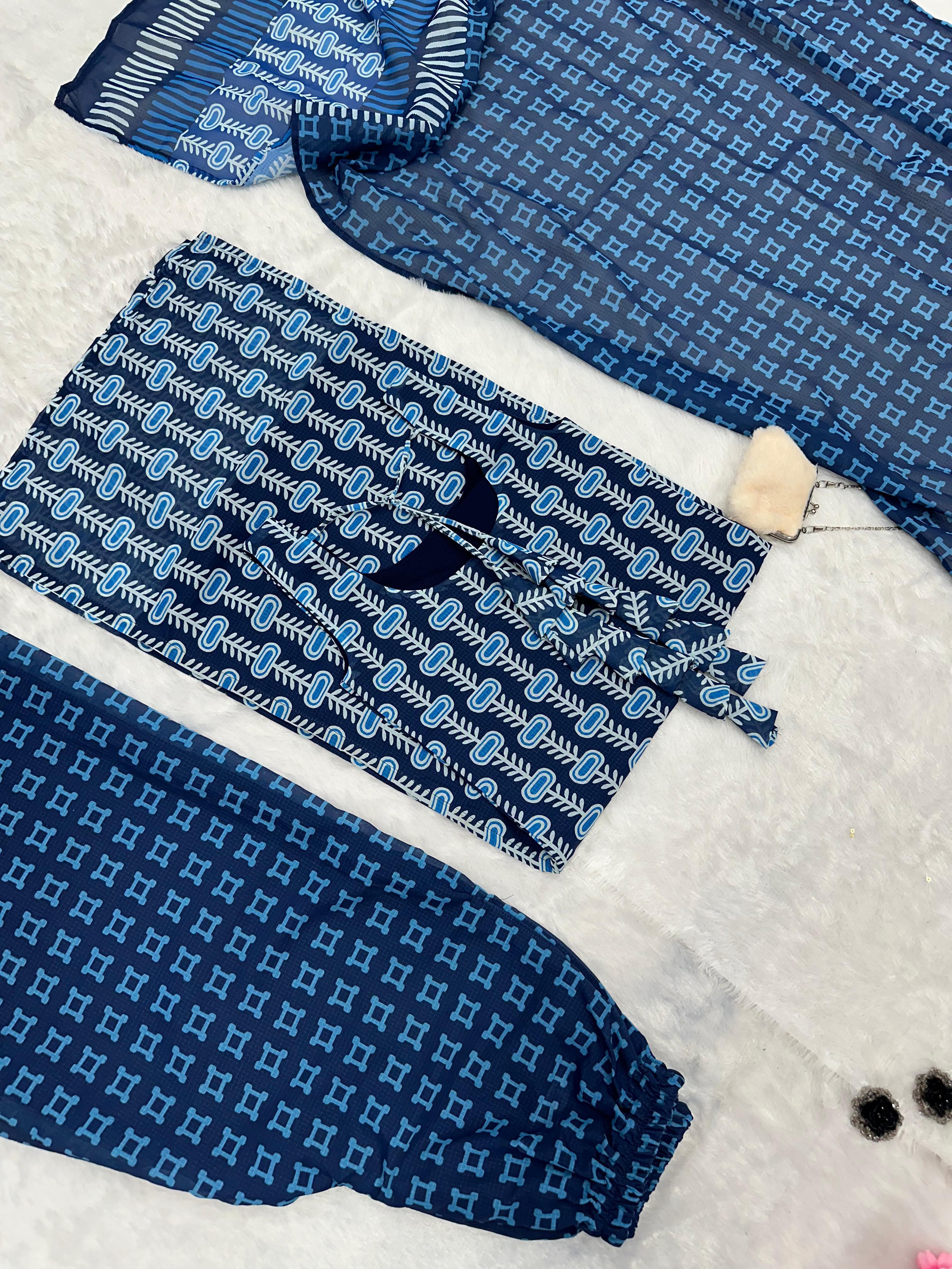 Good Looking Blue Color Pure Soft Cotton Printed Kurti With Palazzo