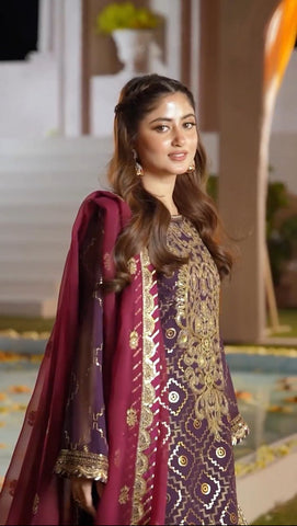 Gorgeous Purple Color Heavy Faux Georgette And Embroidery Sequence Work Designer Salwar Suit