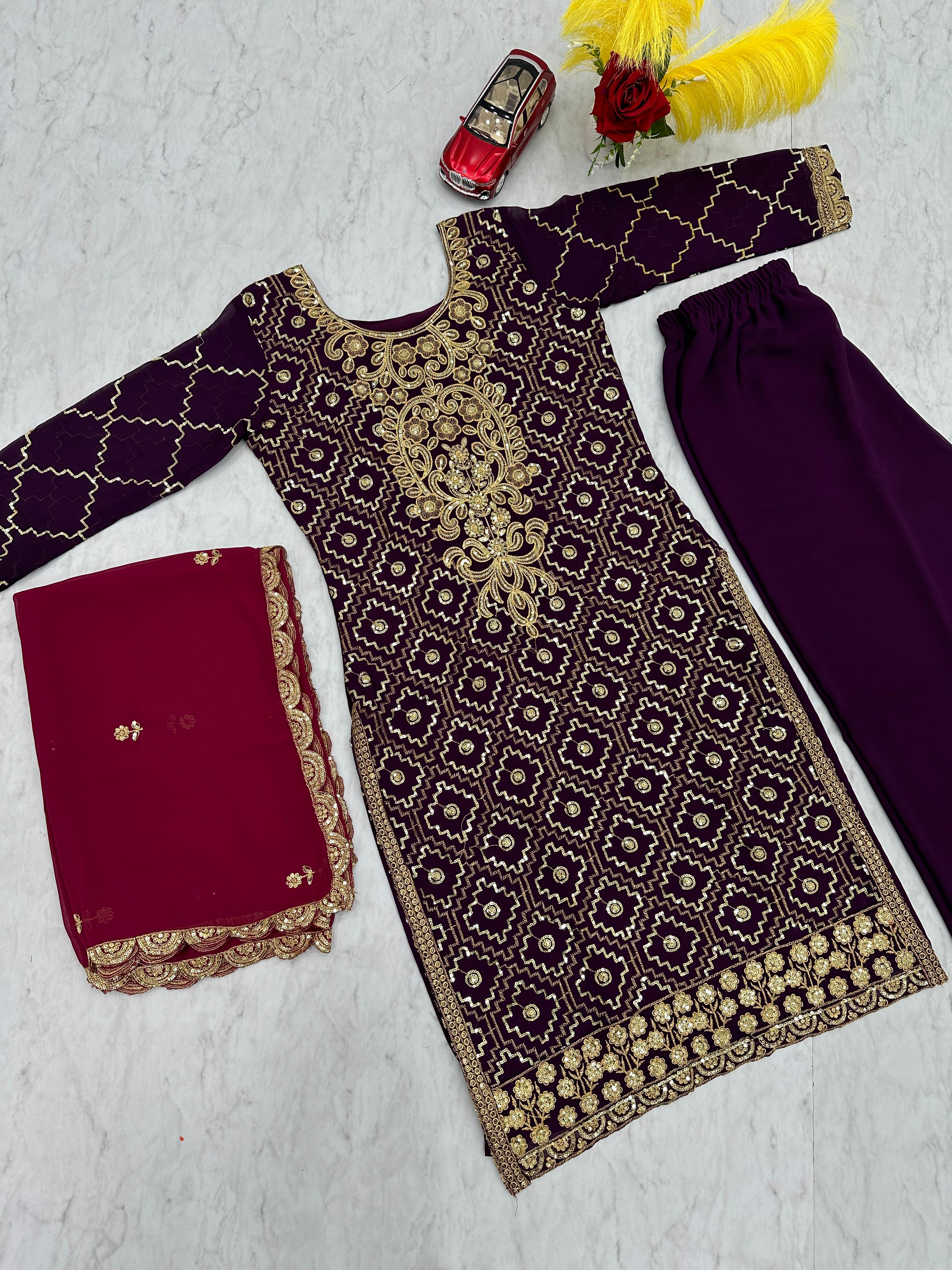 Gorgeous Purple Color Heavy Faux Georgette And Embroidery Sequence Work Designer Salwar Suit