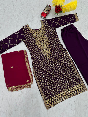 Gorgeous Purple Color Heavy Faux Georgette And Embroidery Sequence Work Designer Salwar Suit