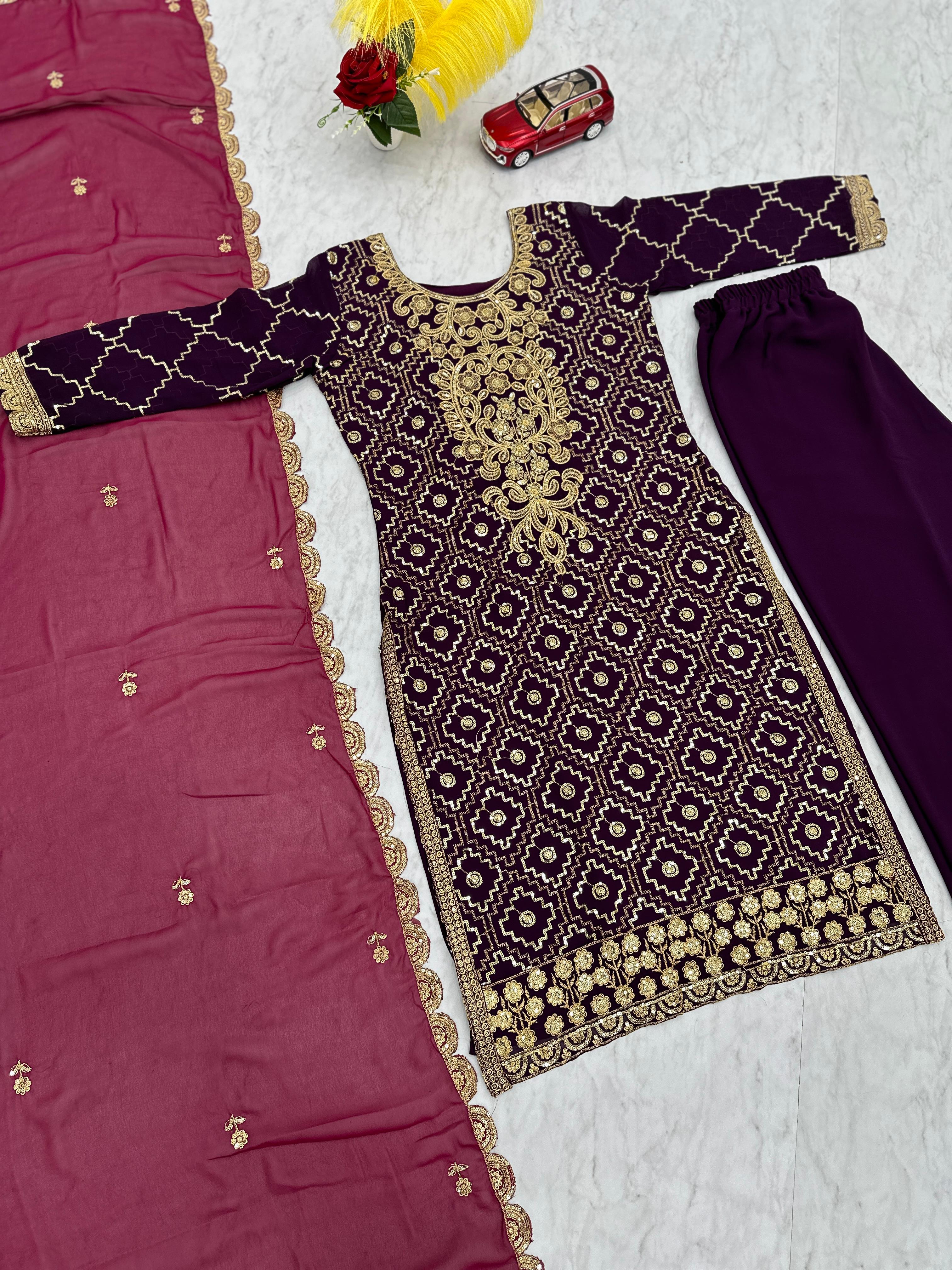 Gorgeous Purple Color Heavy Faux Georgette And Embroidery Sequence Work Designer Salwar Suit
