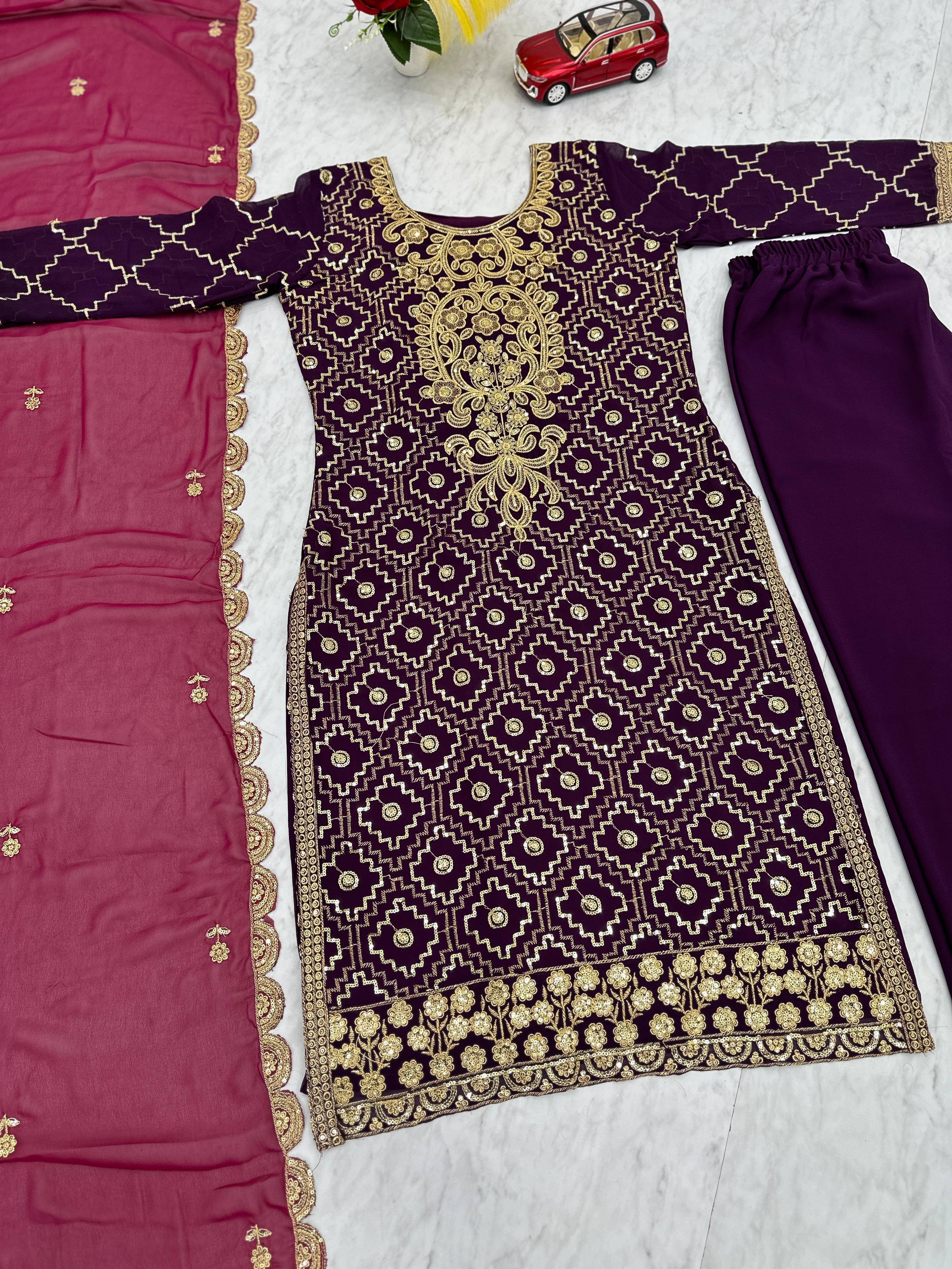 Gorgeous Purple Color Heavy Faux Georgette And Embroidery Sequence Work Designer Salwar Suit