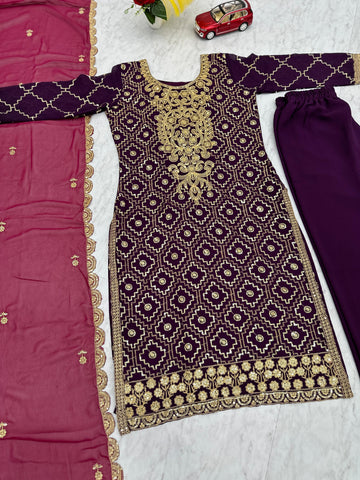 Gorgeous Purple Color Heavy Faux Georgette And Embroidery Sequence Work Designer Salwar Suit