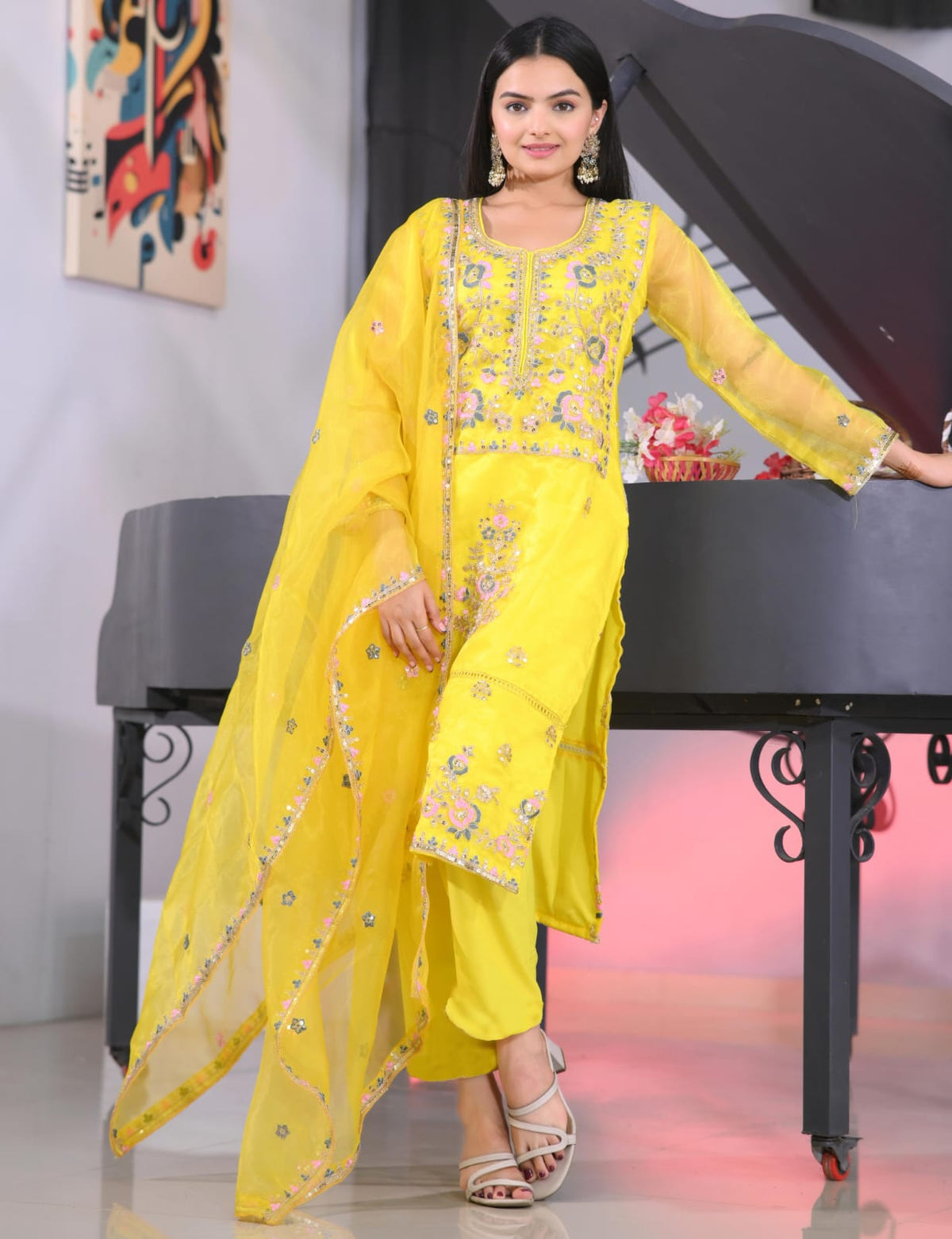Wedding Wear Yellow Color Organza And Coding Embroidery With 5mm Sequence Work Designer Salwar Suit
