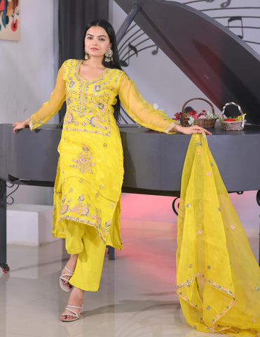 Wedding Wear Yellow Color Organza And Coding Embroidery With 5mm Sequence Work Designer Salwar Suit