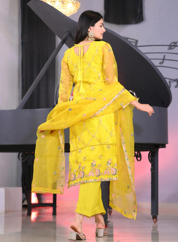 Wedding Wear Yellow Color Organza And Coding Embroidery With 5mm Sequence Work Designer Salwar Suit