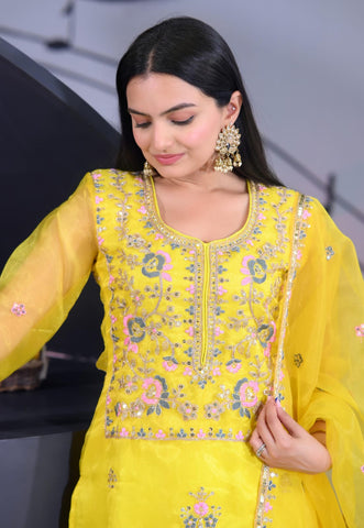 Wedding Wear Yellow Color Organza And Coding Embroidery With 5mm Sequence Work Designer Salwar Suit