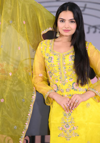 Wedding Wear Yellow Color Organza And Coding Embroidery With 5mm Sequence Work Designer Salwar Suit