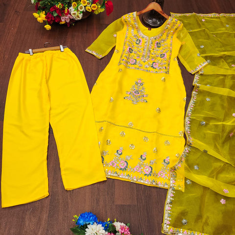 Wedding Wear Yellow Color Organza And Coding Embroidery With 5mm Sequence Work Designer Salwar Suit