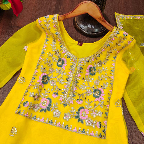 Wedding Wear Yellow Color Organza And Coding Embroidery With 5mm Sequence Work Designer Salwar Suit