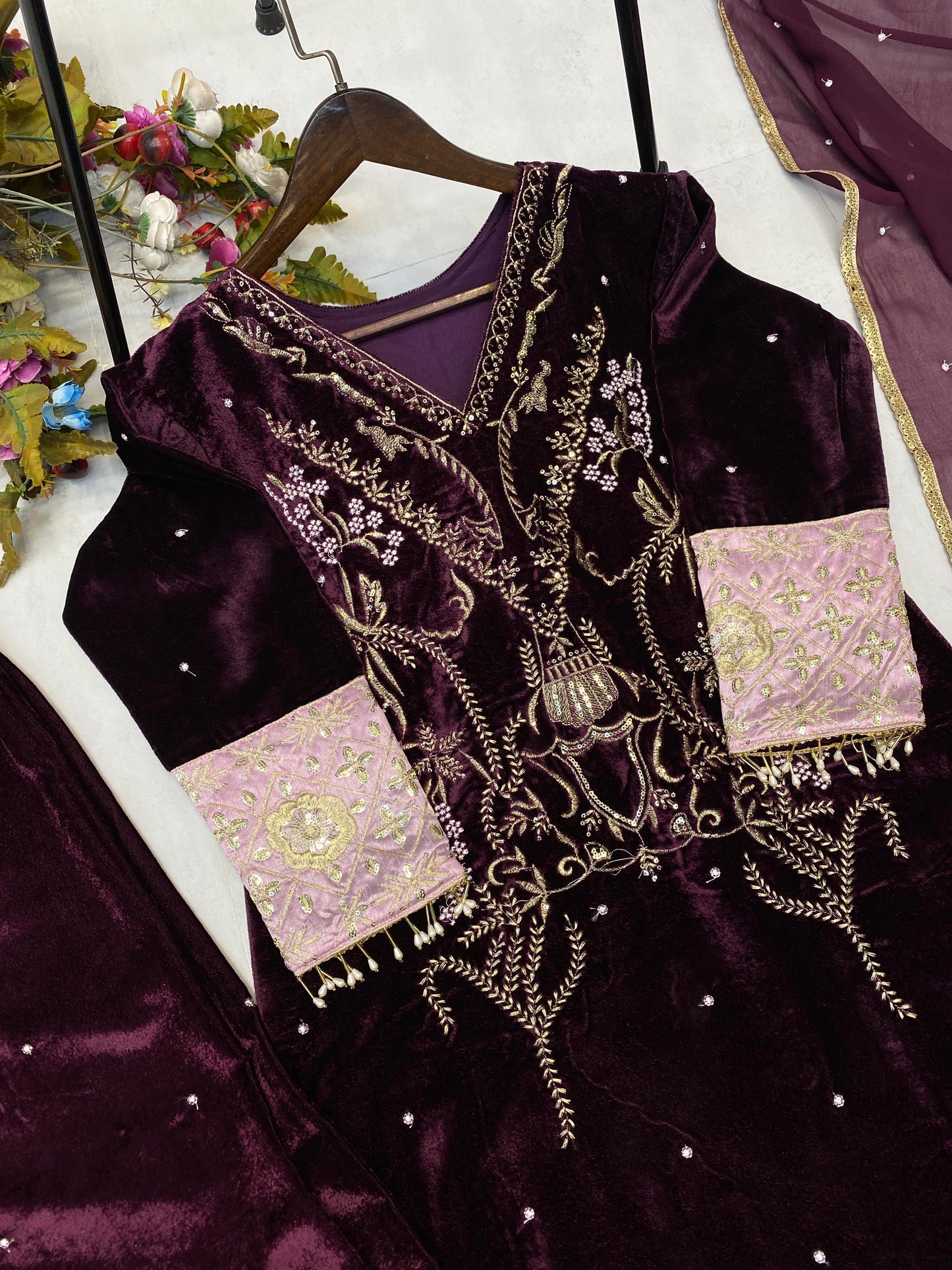 Latest Designer Wine Color Velvet Sequence Embroidery Work Beautiful Salwar Suit