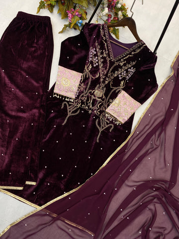 Latest Designer Wine Color Velvet Sequence Embroidery Work Beautiful Salwar Suit