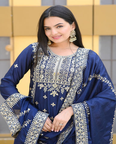 Luxuriant Navy Blue Color Chinon And Coding Embroidery With 5mm Sequence Work Designer Sharara Suit
