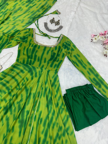 Casual Wear Green Color Pure Georgette Leheriya Printed Kurti With Pant