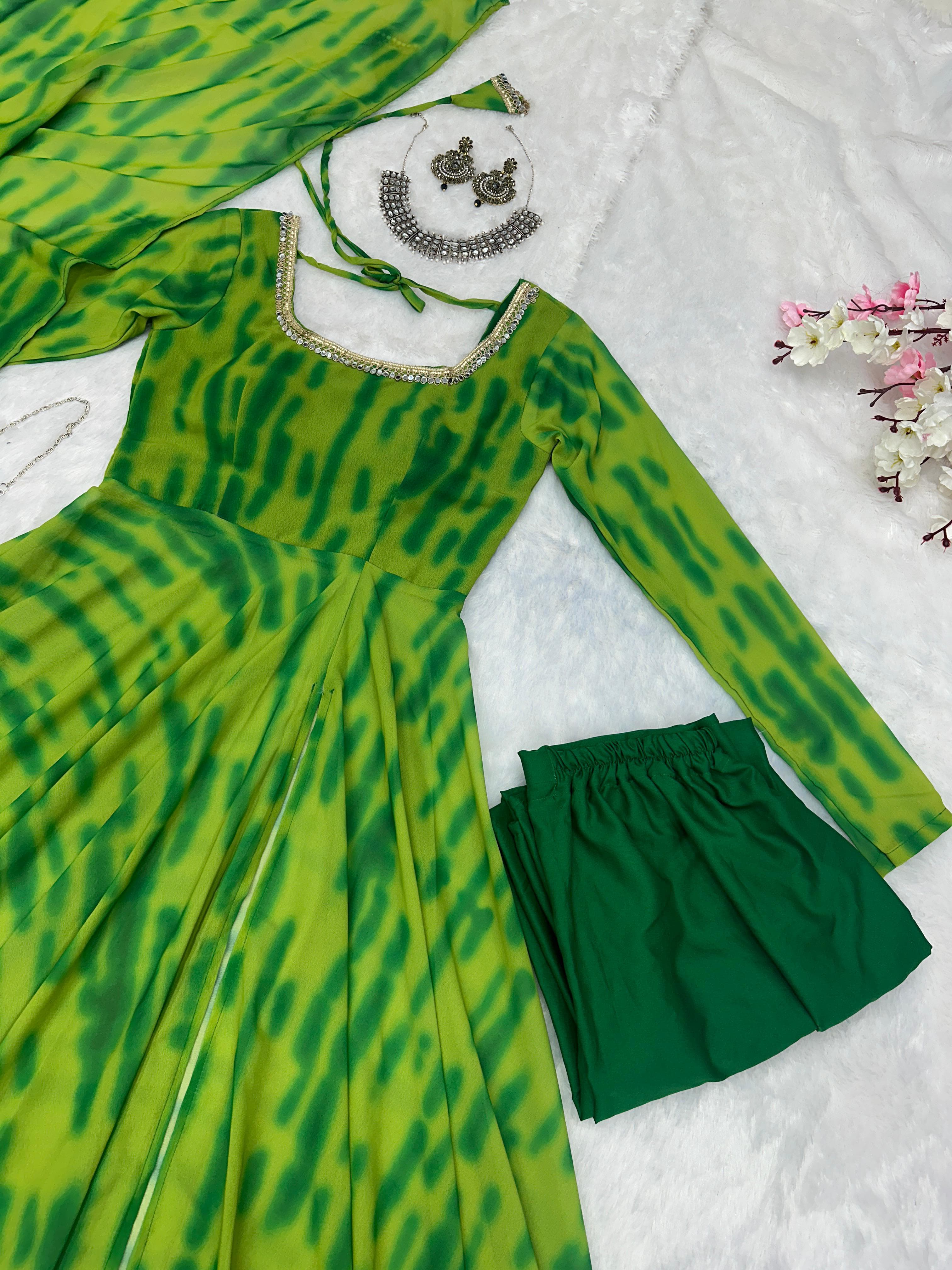 Casual Wear Green Color Pure Georgette Leheriya Printed Kurti With Pant