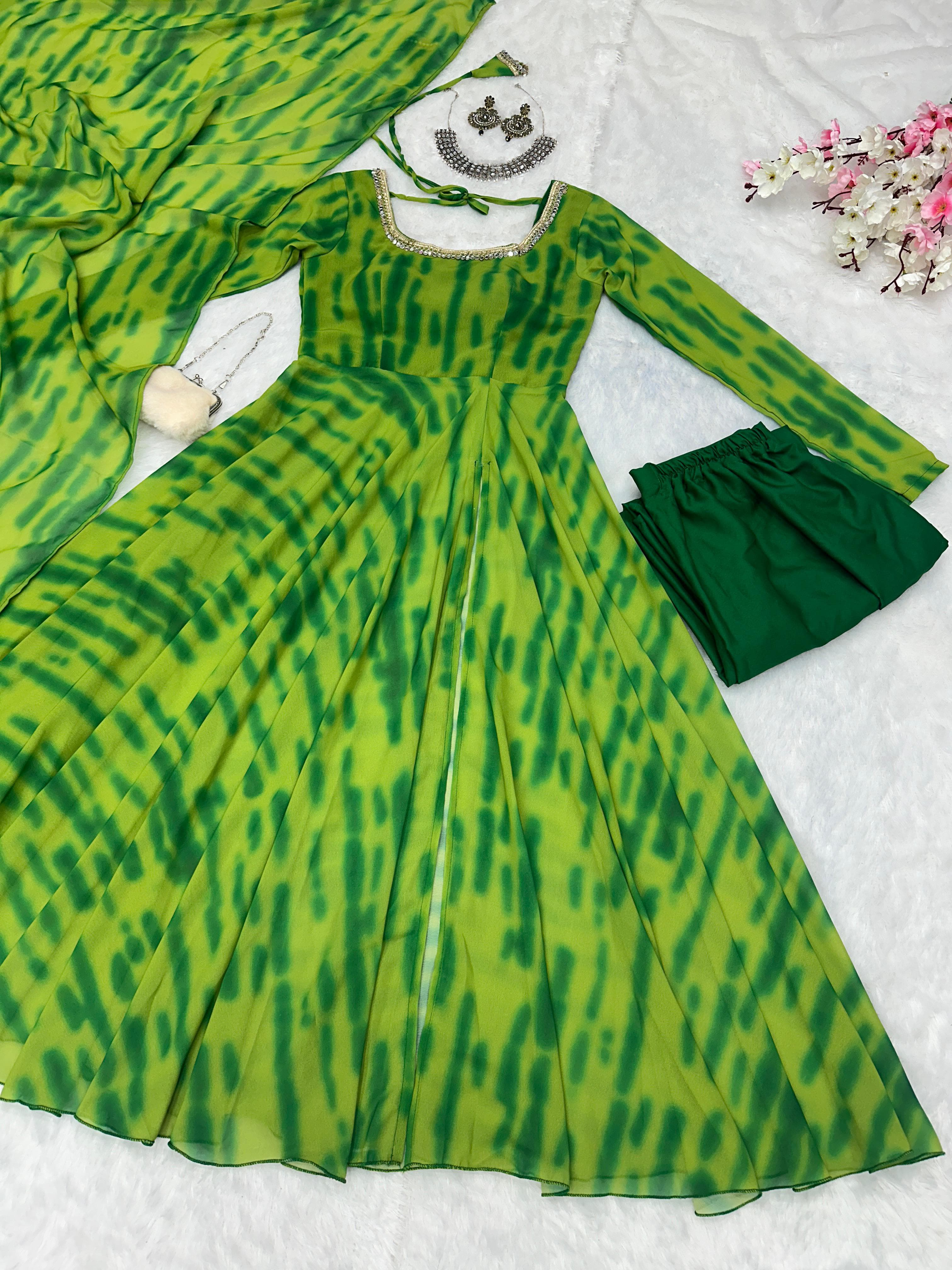 Casual Wear Green Color Pure Georgette Leheriya Printed Kurti With Pant
