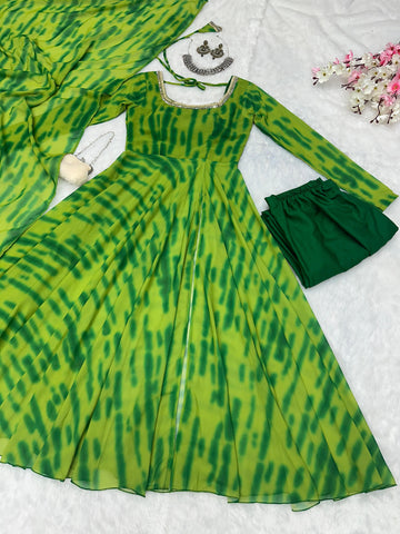 Casual Wear Green Color Pure Georgette Leheriya Printed Kurti With Pant