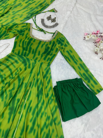 Casual Wear Green Color Pure Georgette Leheriya Printed Kurti With Pant