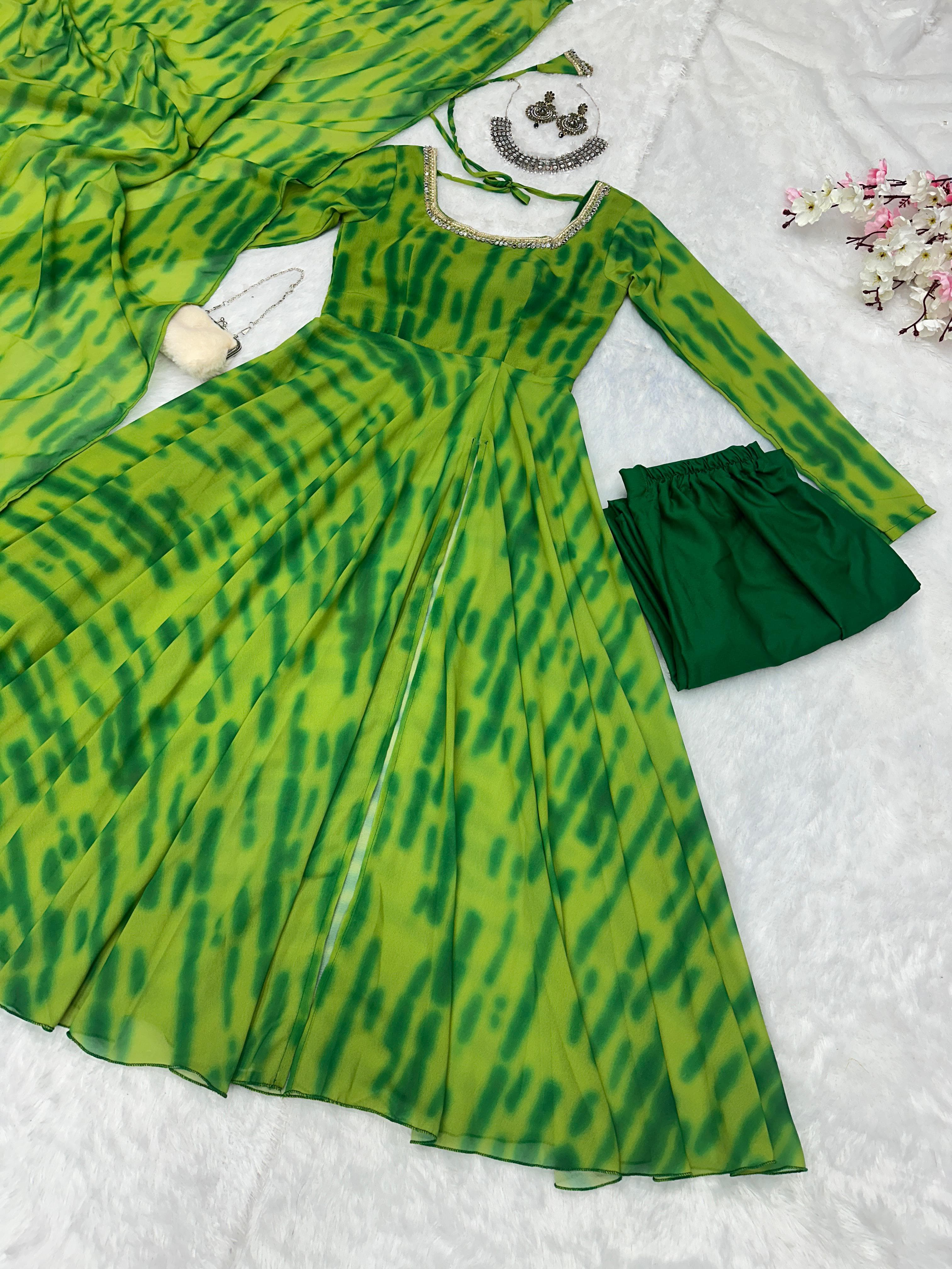 Casual Wear Green Color Pure Georgette Leheriya Printed Kurti With Pant