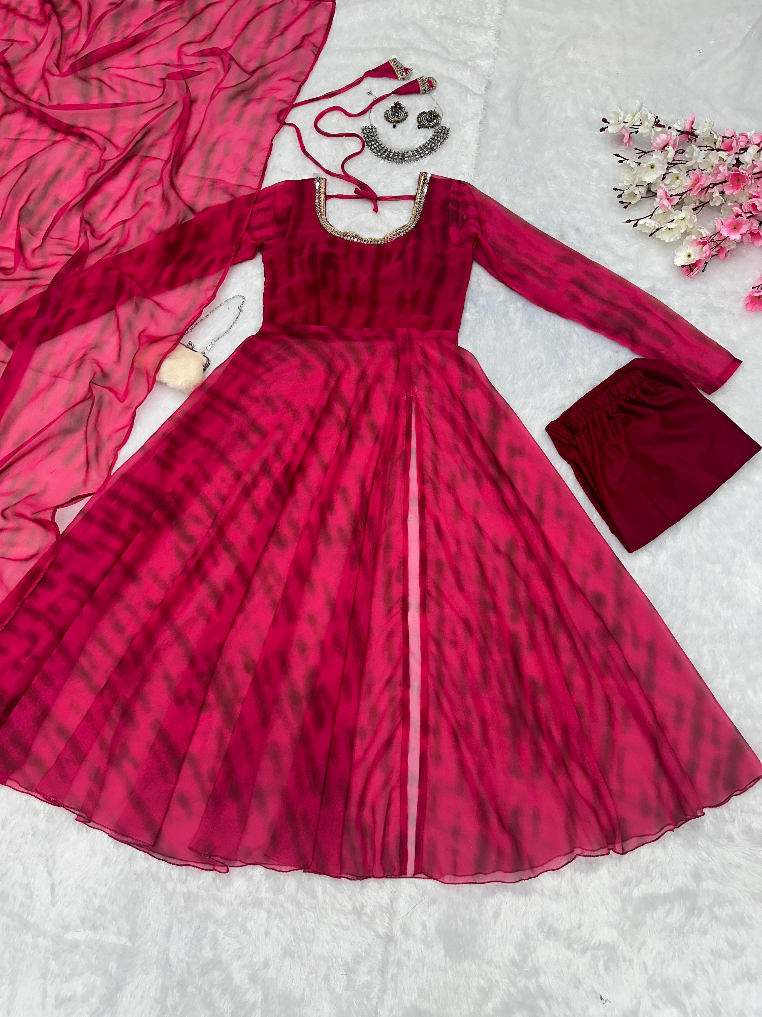 Casual Wear Pink Color Pure Georgette Leheriya Printed Kurti With Pant
