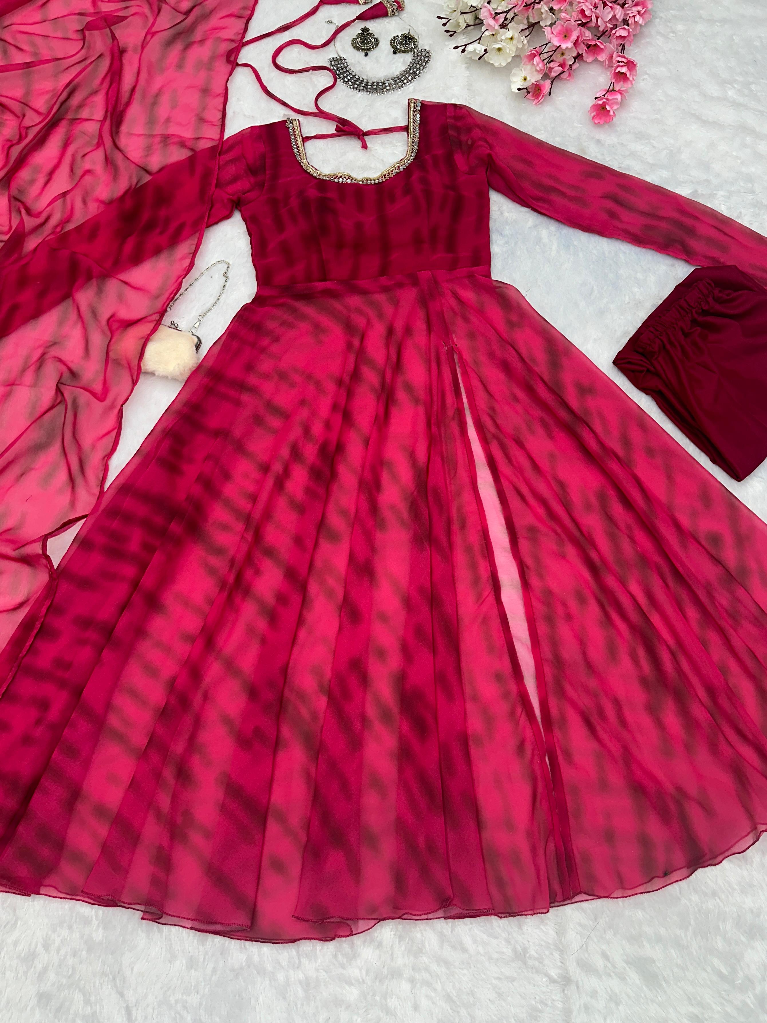 Casual Wear Pink Color Pure Georgette Leheriya Printed Kurti With Pant