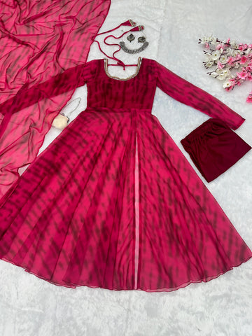 Casual Wear Pink Color Pure Georgette Leheriya Printed Kurti With Pant