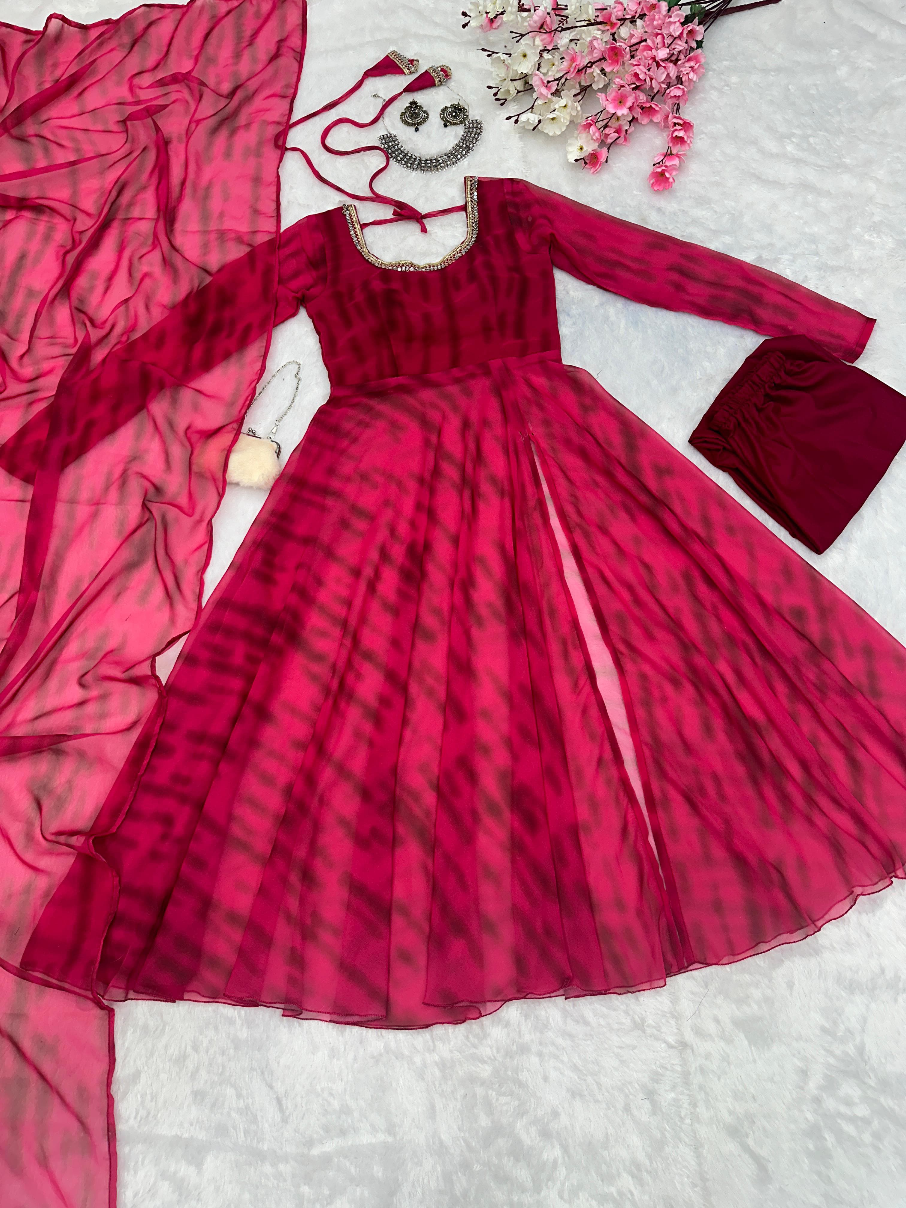 Casual Wear Pink Color Pure Georgette Leheriya Printed Kurti With Pant