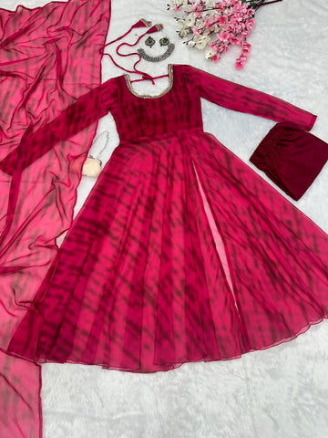 Casual Wear Pink Color Pure Georgette Leheriya Printed Kurti With Pant