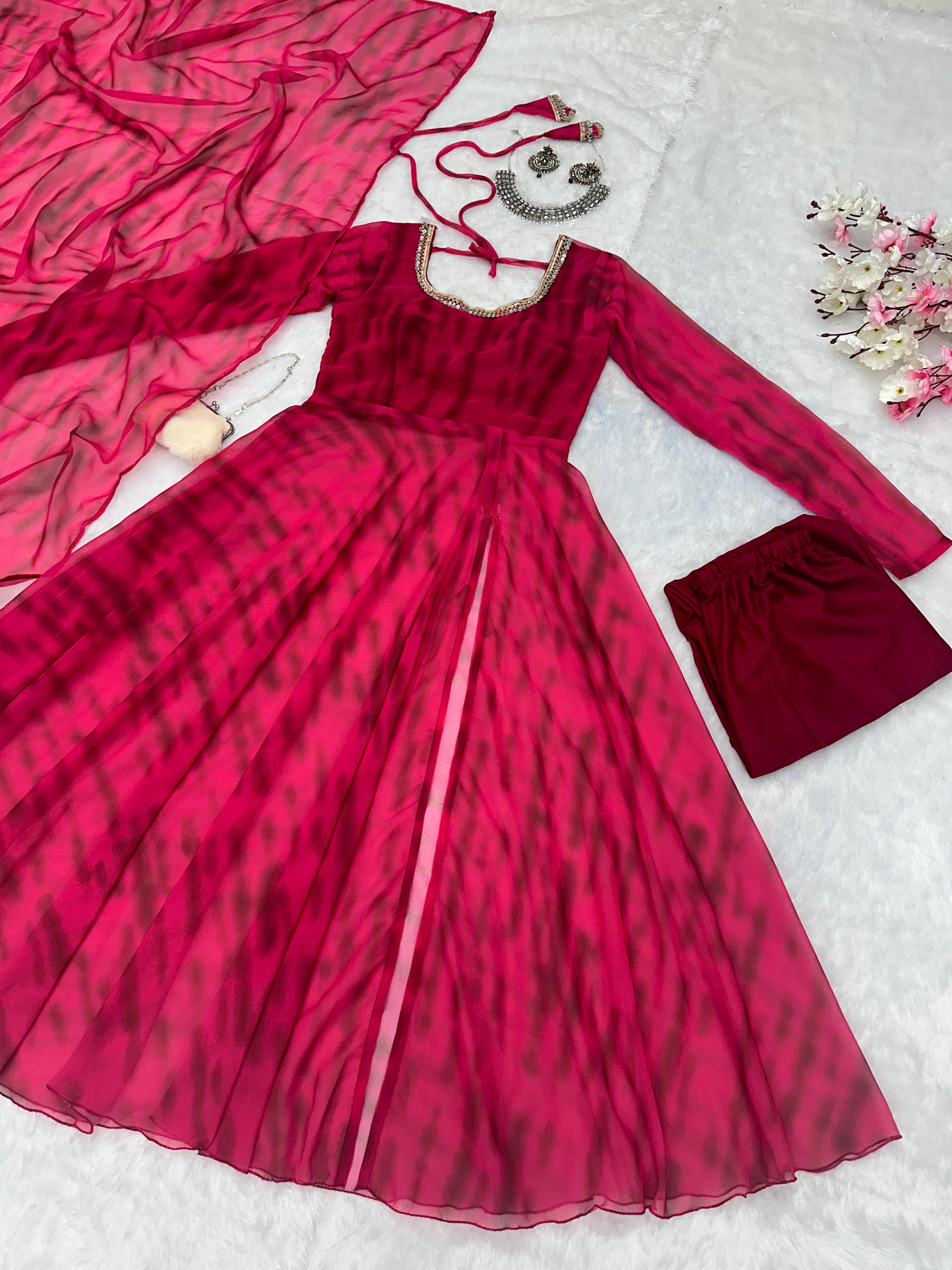 Casual Wear Pink Color Pure Georgette Leheriya Printed Kurti With Pant