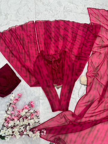 Casual Wear Pink Color Pure Georgette Leheriya Printed Kurti With Pant
