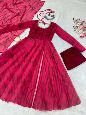 Casual Wear Pink Color Pure Georgette Leheriya Printed Kurti With Pant
