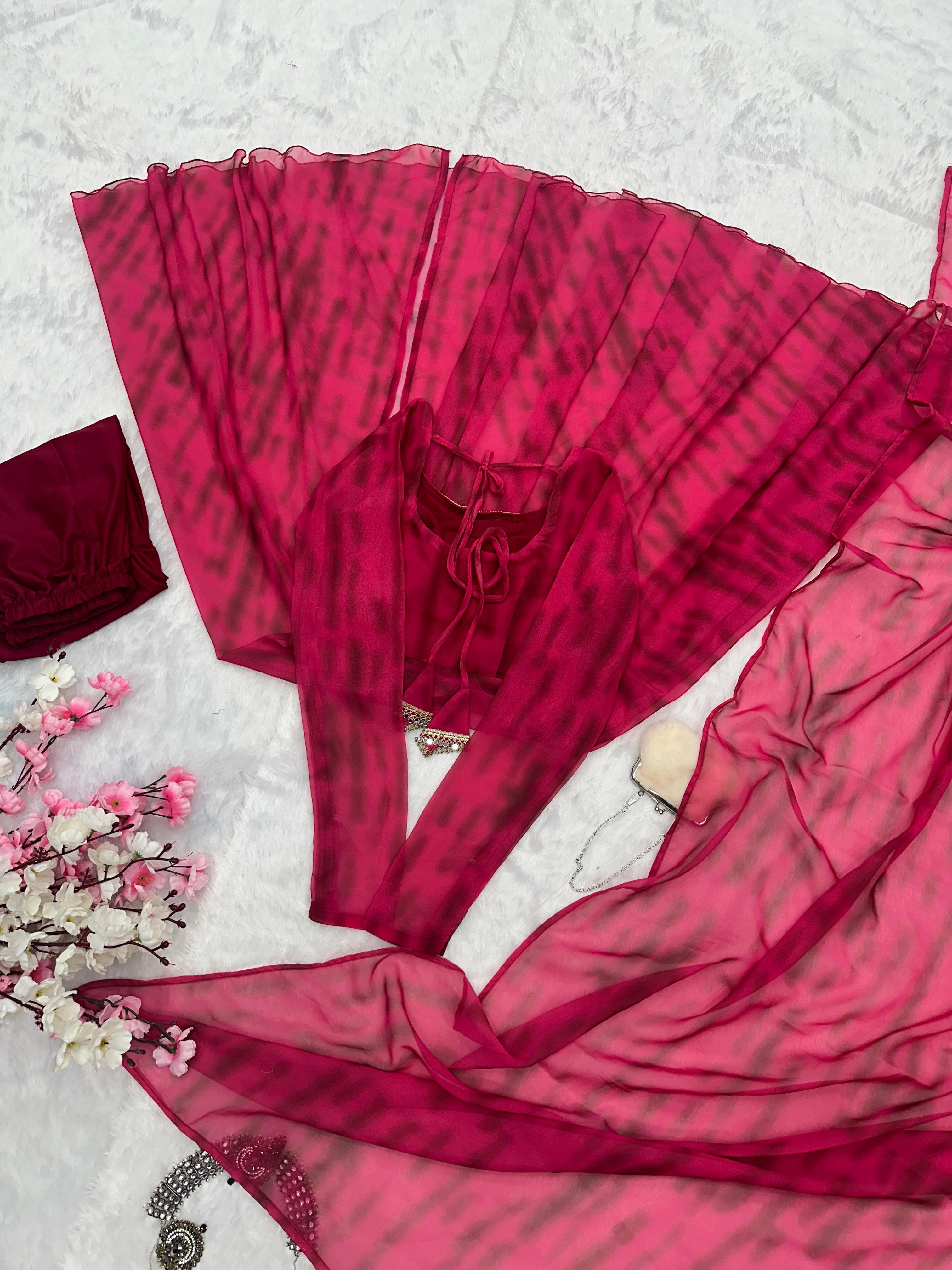 Casual Wear Pink Color Pure Georgette Leheriya Printed Kurti With Pant