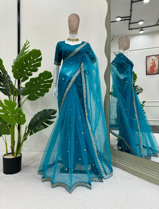 Party Wear Sky Blue Color Soft Net Codding With Sequence Work Designer Saree