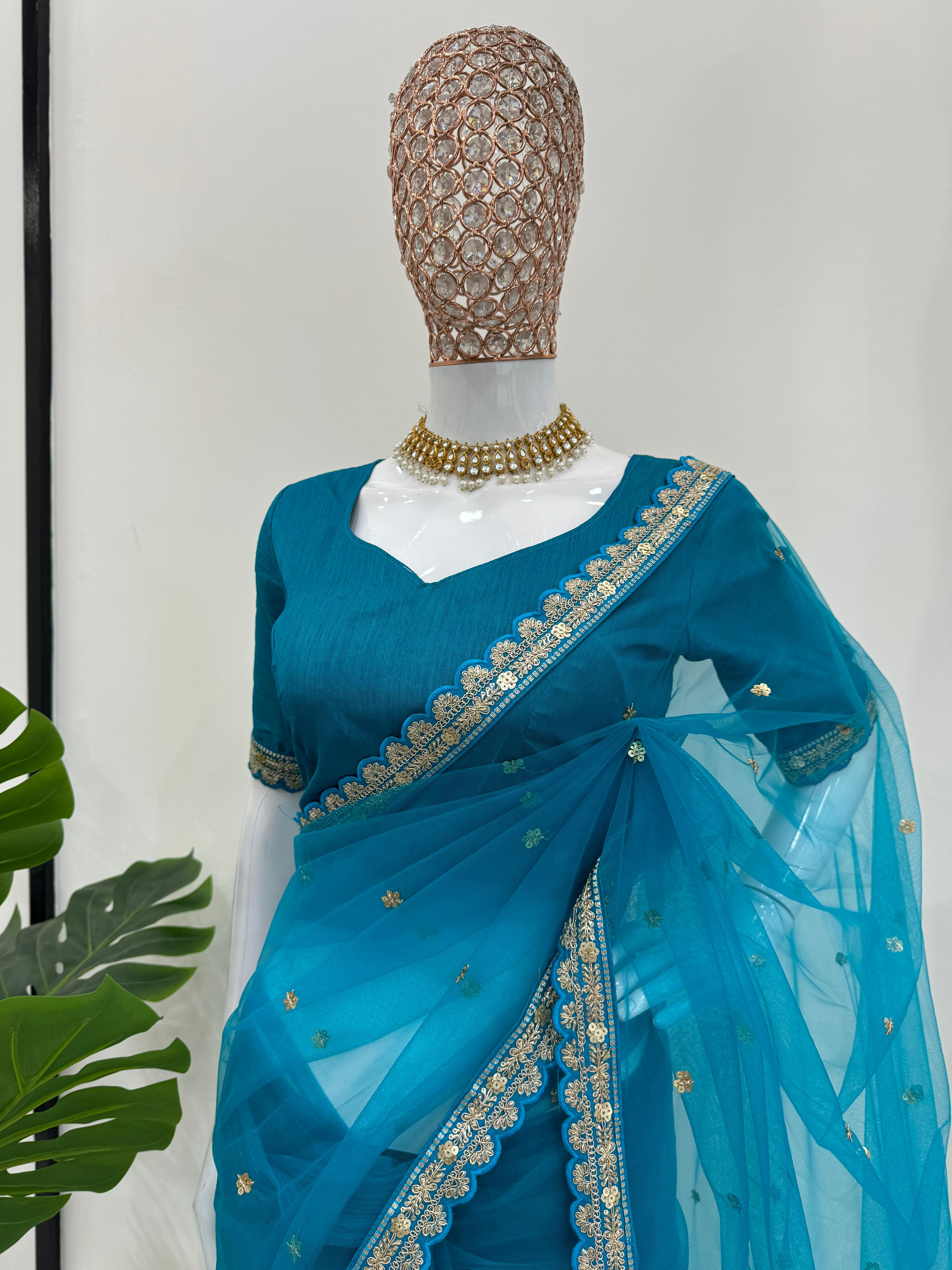 Party Wear Sky Blue Color Soft Net Codding With Sequence Work Designer Lehenga Choli