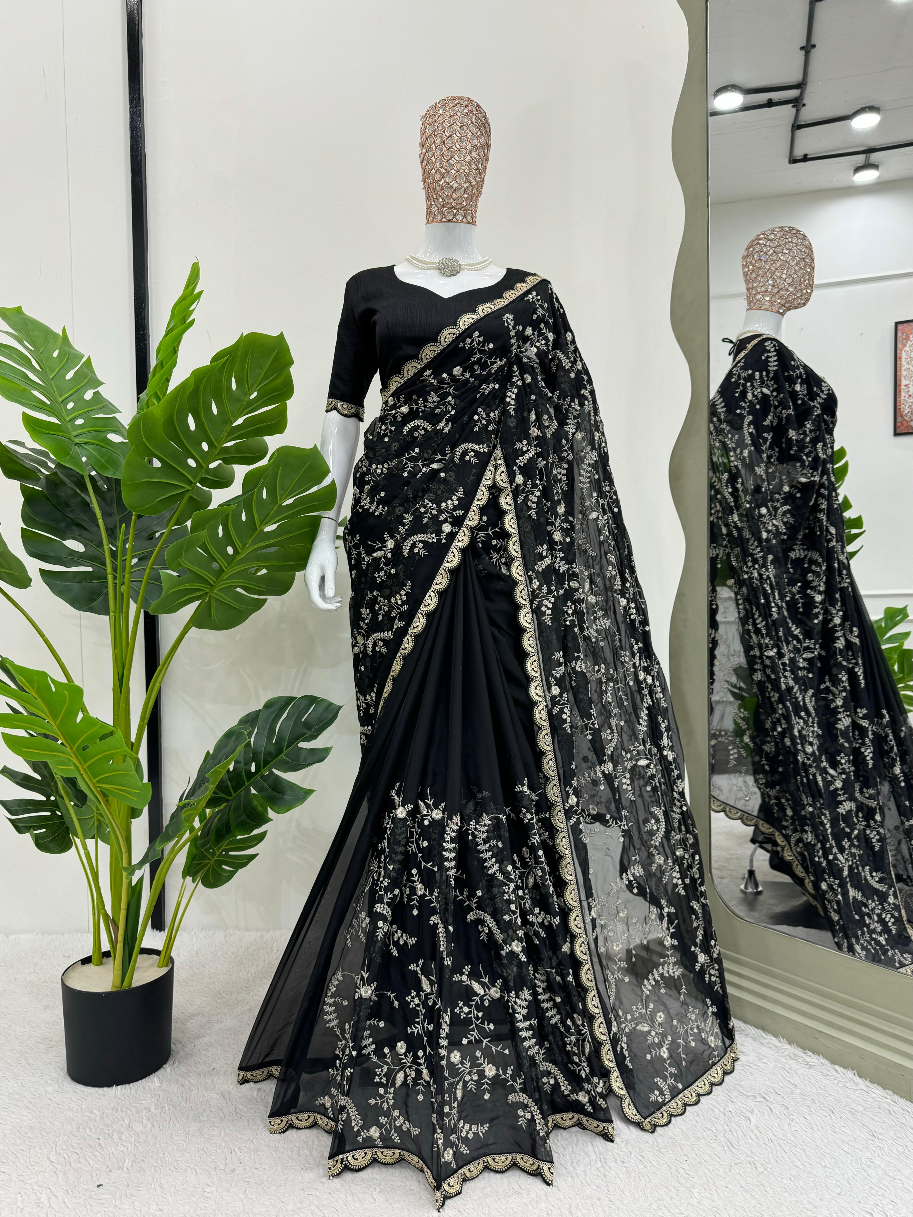 Peaceful Black Color Heavy Tabby Silk With Coding With Sequence Work Designer Saree