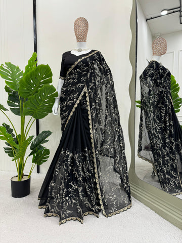 Peaceful Black Color Heavy Tabby Silk With Coding With Sequence Work Designer Saree