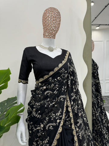 Peaceful Black Color Heavy Tabby Silk With Coding With Sequence Work Designer Saree