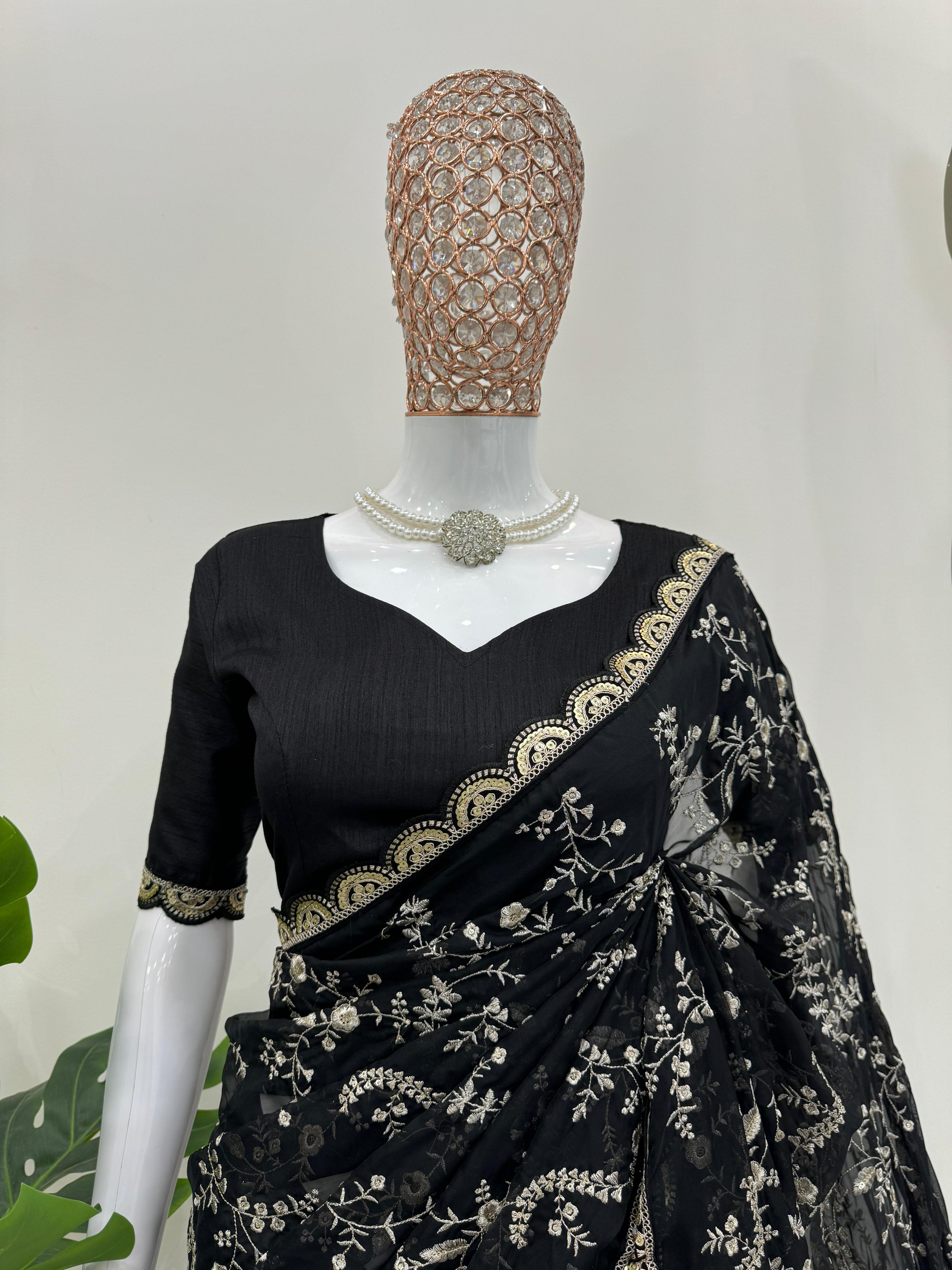 Peaceful Black Color Heavy Tabby Silk With Coding With Sequence Work Designer Saree