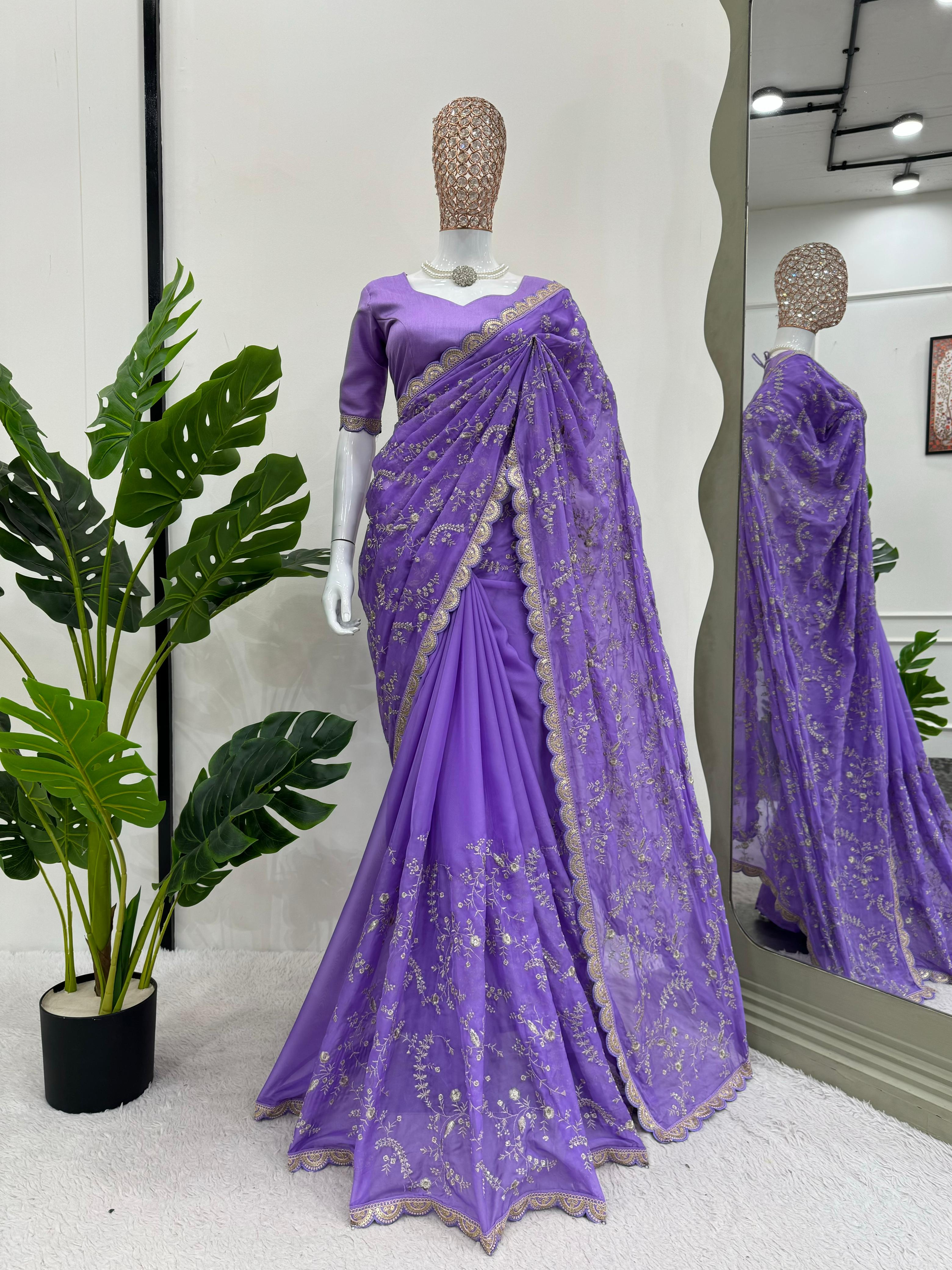 Peaceful Lavender Color Heavy Tabby Silk With Coding With Sequence Work Designer Saree