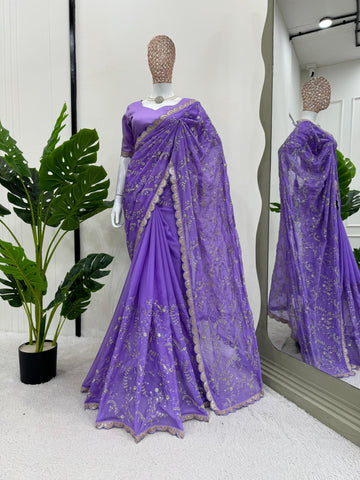 Peaceful Lavender Color Heavy Tabby Silk With Coding With Sequence Work Designer Saree