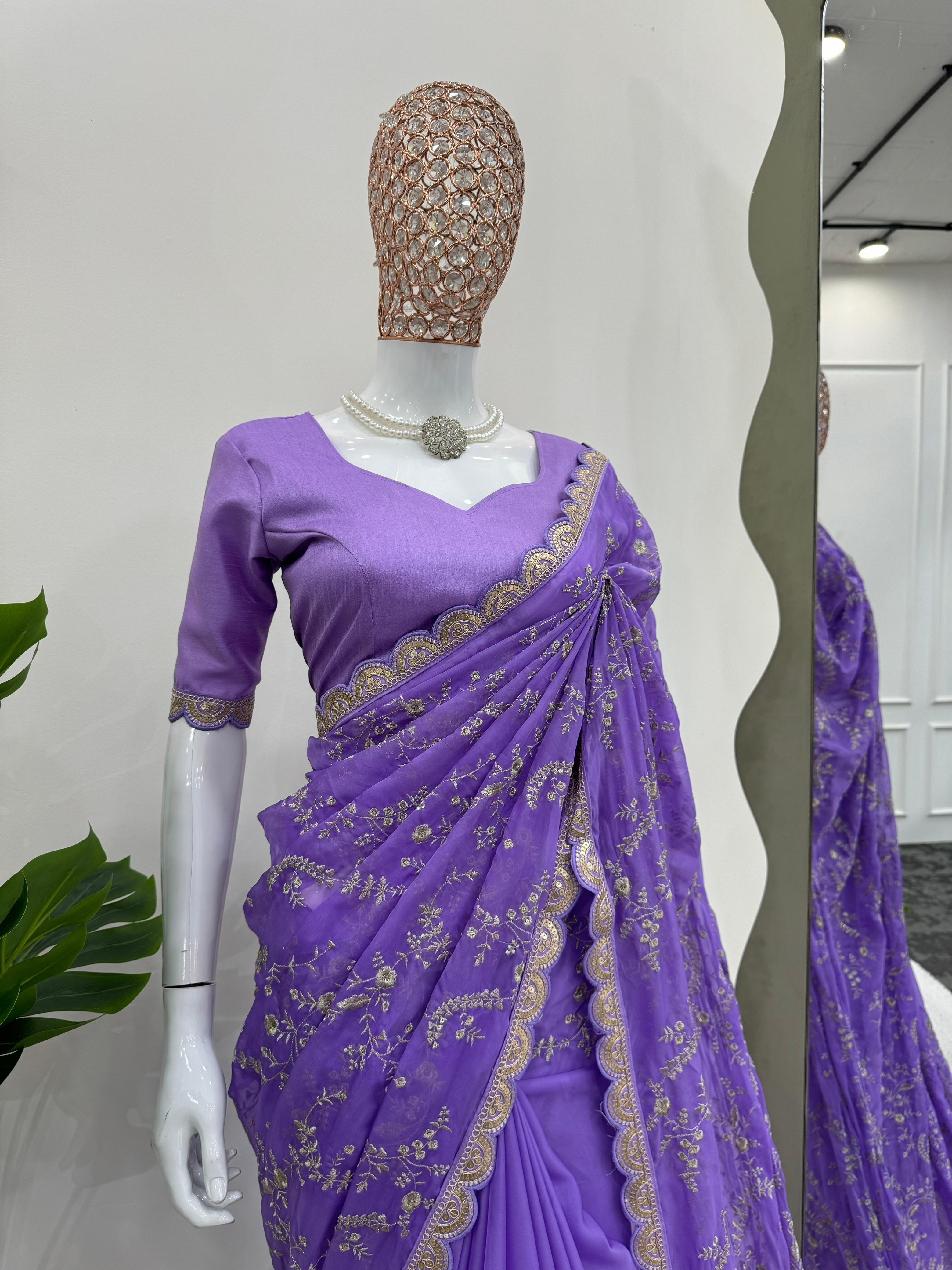 Peaceful Lavender Color Heavy Tabby Silk With Coding With Sequence Work Designer Saree