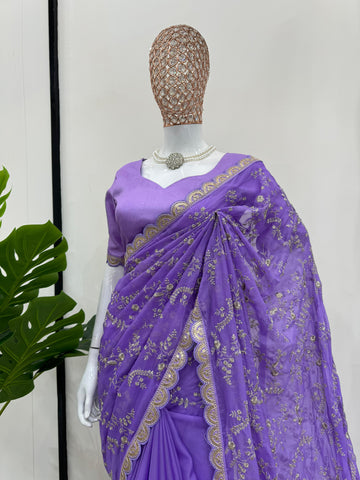 Peaceful Lavender Color Heavy Tabby Silk With Coding With Sequence Work Designer Saree