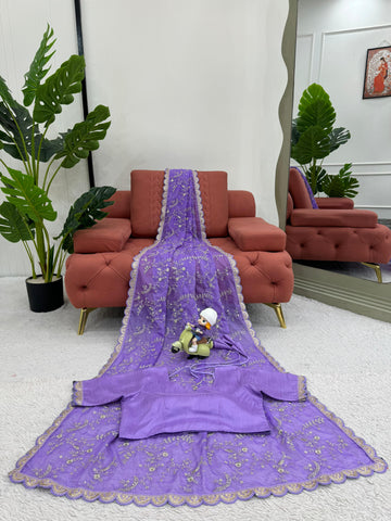 Peaceful Lavender Color Heavy Tabby Silk With Coding With Sequence Work Designer Saree